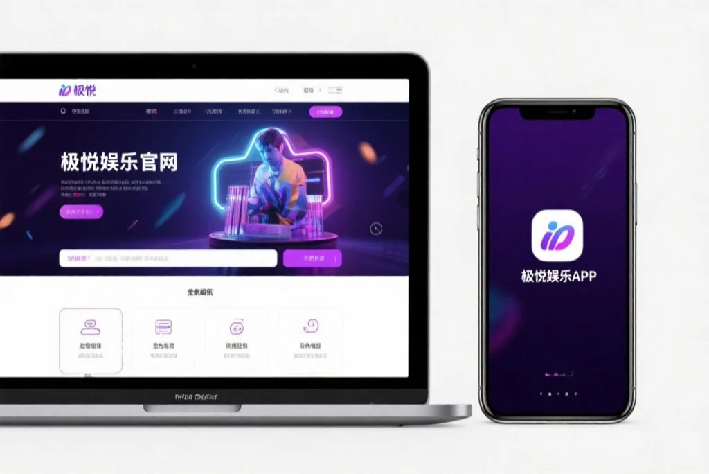 一台笔记本电脑屏幕上显示着大众娱乐官网的界面，旁边是一部手机显示着大众娱乐APP，两者并列对比